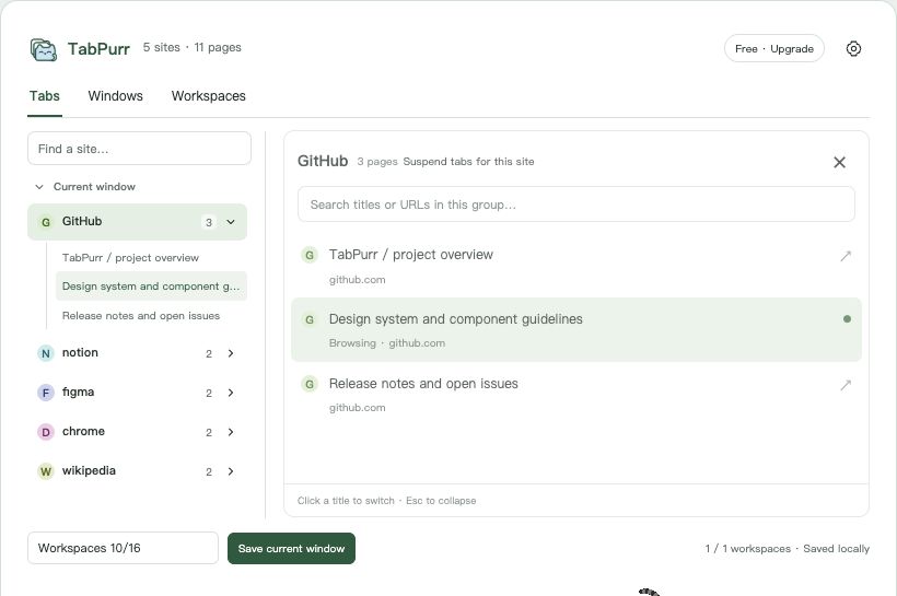 Real TabPurr UI example showing the Suspend tabs for this site control beside a website page list