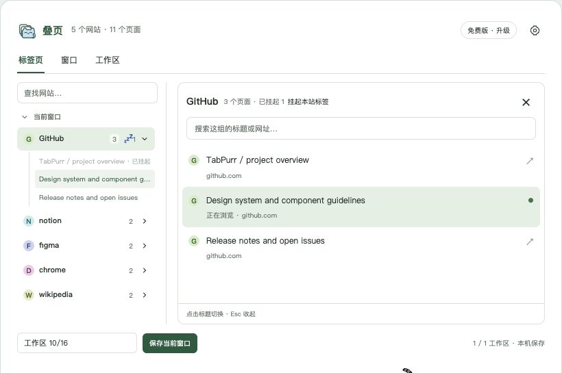叠页真实界面示例，在网站页面列表旁显示挂起本站标签操作