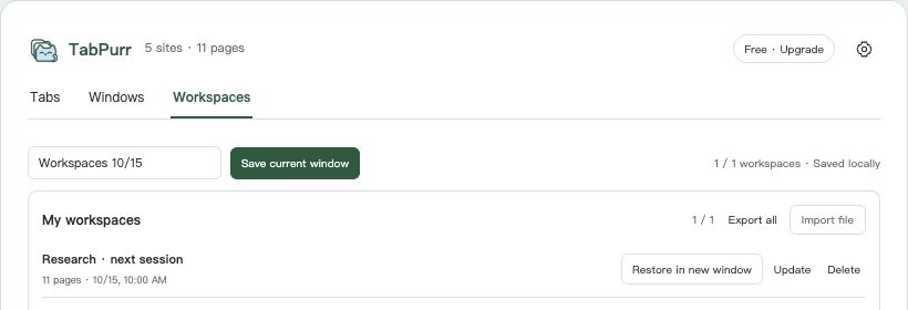 Real TabPurr workspace UI with a named example workspace and Restore in new window button